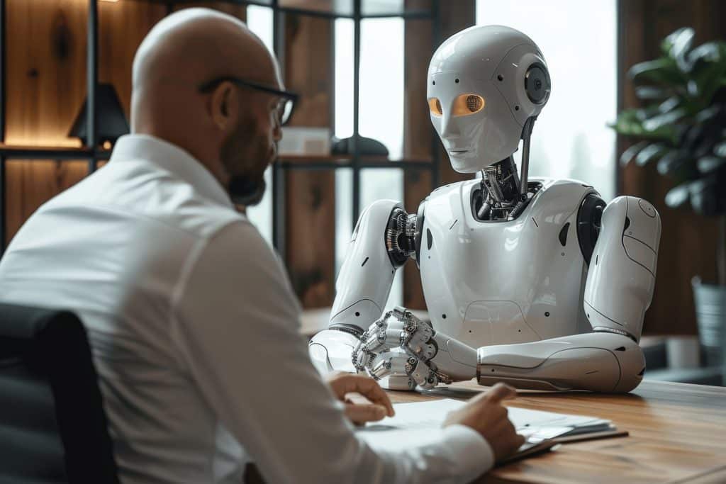 Futuristicjobinterviewairobothiringhumanemployeeinmodernofficeaivshumanemploymentfutureworkplaceautomation