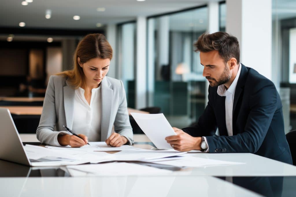 Businesswomanandmanlawyerattorneyshowingdocumenttomanclientprovidingadvisoryservicesprofessionalsdiscussingtaxpapersworkinginofficeatmeetinglegalconsultancyconcept