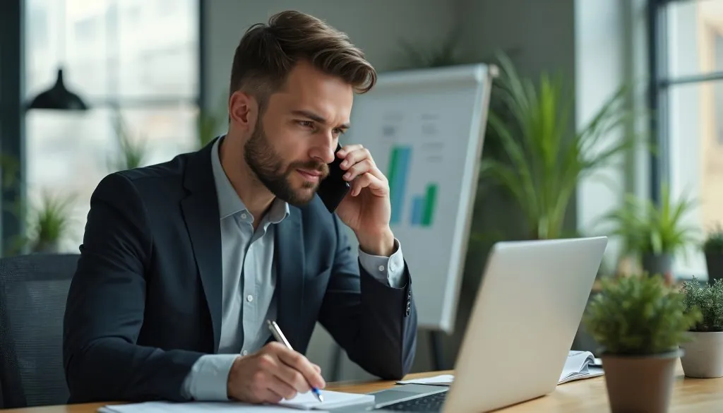 Successfulcaucasianbusinessmaninofficemultitaskingmanmanagercommunicatesonmobilephonetypesonlaptopwritesnotesprofessionalconsultsclientmakescalldiscussesbusiness