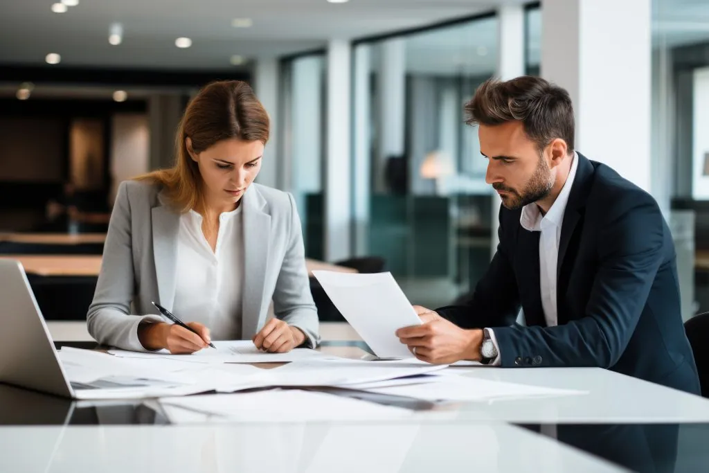 Businesswomanandmanlawyerattorneyshowingdocumenttomanclientprovidingadvisoryservicesprofessionalsdiscussingtaxpapersworkinginofficeatmeetinglegalconsultancyconcept